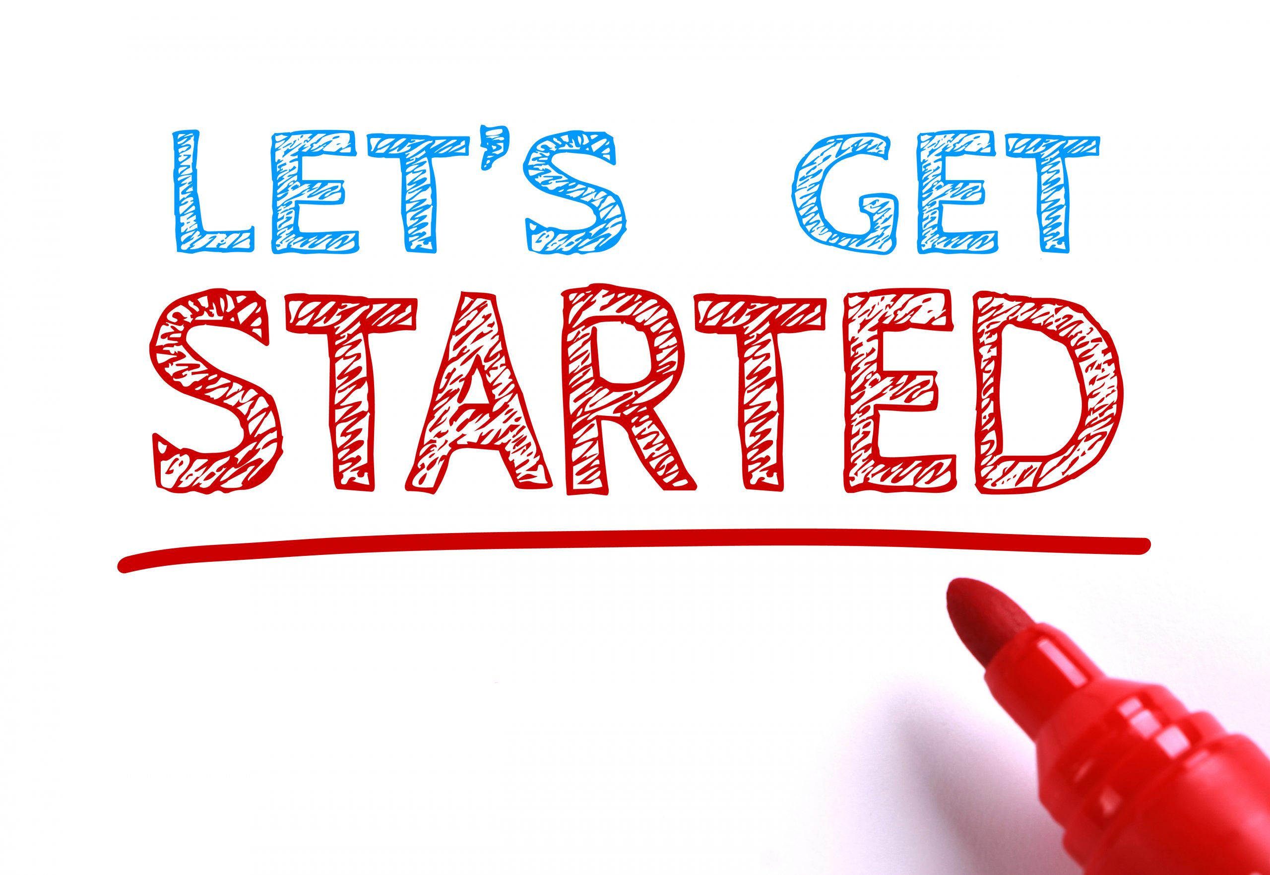 Let us get started Text Let us get started with red marker aside is isolated on white paper background.